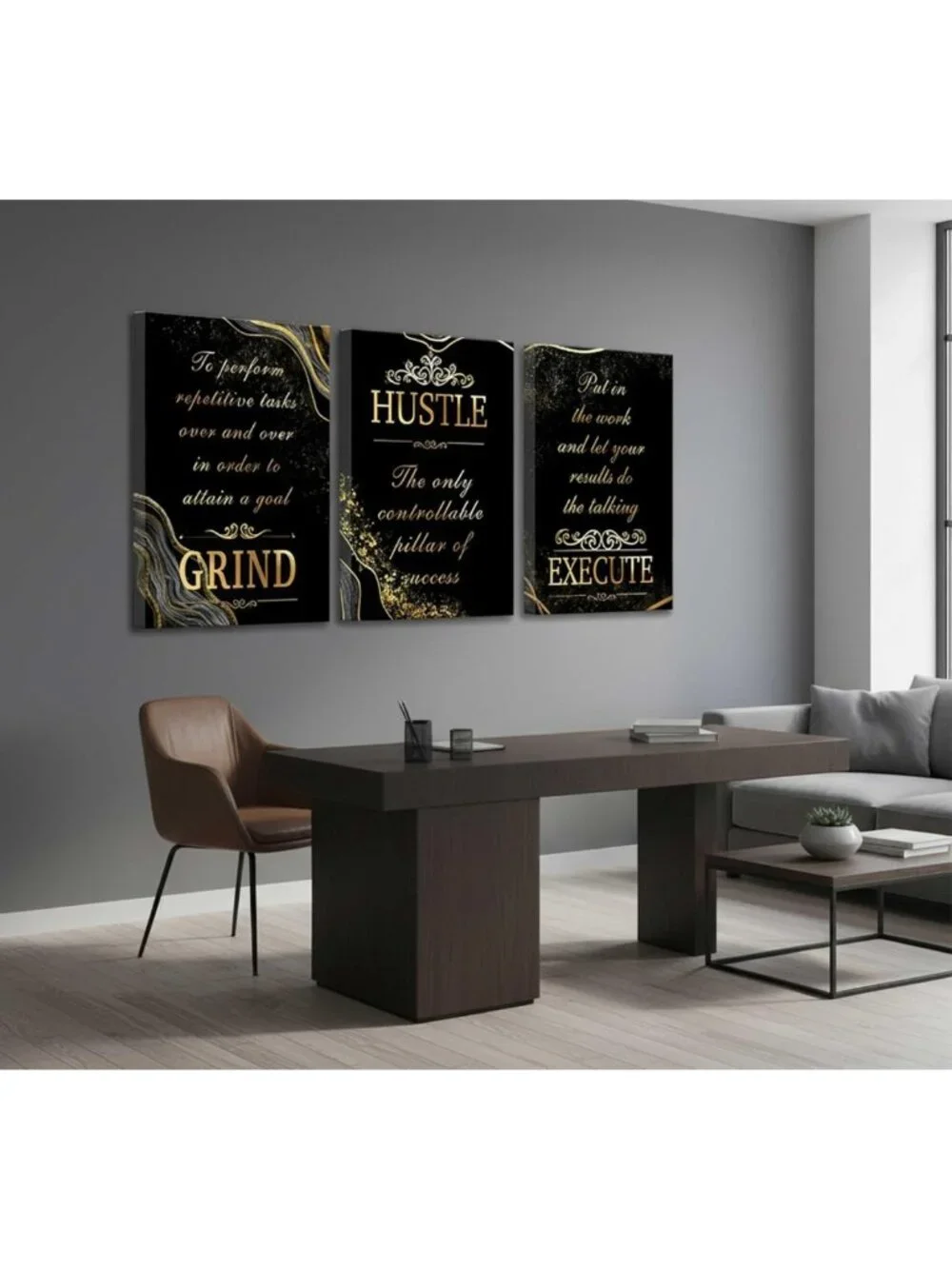 Set of 3 Black & Gold Inspirational Canvas Wall Art for Office Decor